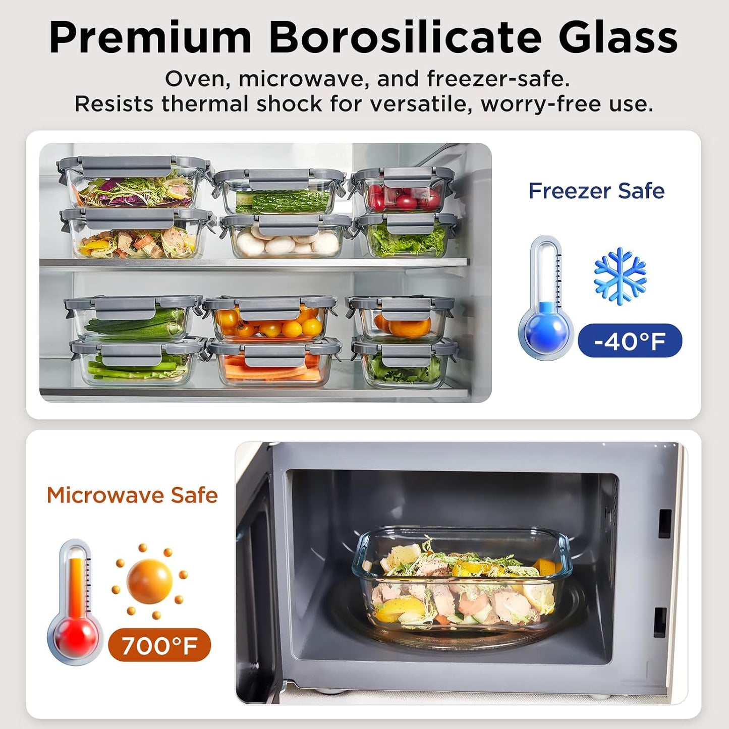Glass Food Storage Containers with Lids,10 pack [36oz*5+13.5oz*5], Glass Meal Prep Container with Airtight Lids, Microwave Safe Food Container Set, BPA Free, LeakProof, Ideal for Lunch
