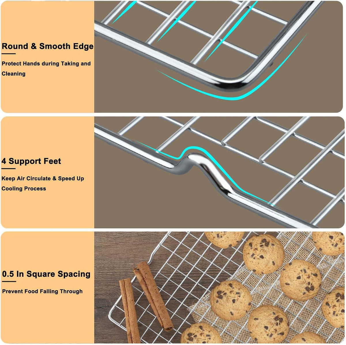 Hunnycook 15.8”×9.8” Cooling Rack, 3P Stainless Steel Baking Rack, Oven Safe Cooling Racks for Cooking and Baking, Black Roasting Rack & Wire Rack & Cookie Cooling Rack for Roasting, Grilling, Drying