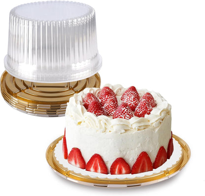 NPLUX 10 Inch Plastic Cake Carriers Gold Cake Containers with Lid and White Cake Boards, Clear Cupcake Holder for 1-2 Layer Cheesecake, Bakery Supplies, Graduation Gifts Party Favors(5 Pack)