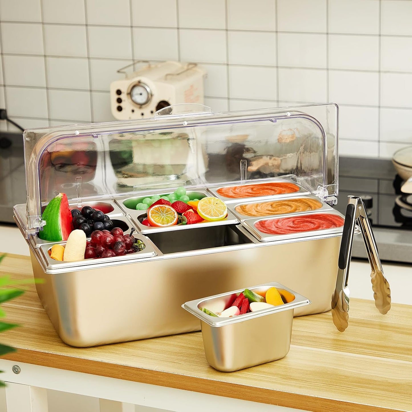 Condiment Tray Stainless Steel Serving Display Set with Lid for Buffet Restaurant Kitchen, Food Chilled Container for Salad Fruit Condiments, Keeps Food Fresh with Ice Box(6 Compartments)