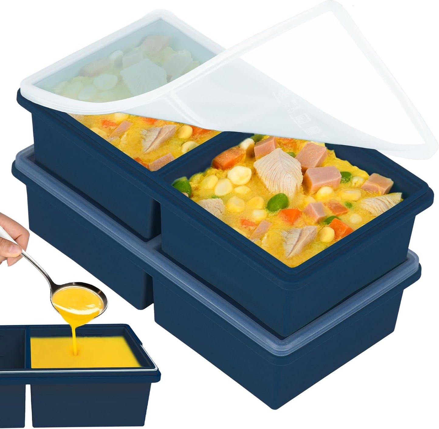 2 cup Silicone Freezer Trays with Lids, Silicone Soup Freezer Molds, Easily prepare portioned meals, Great for storing soups, lasagna, leftovers, sauces and other dishes, Dishwasher, Oven Safe