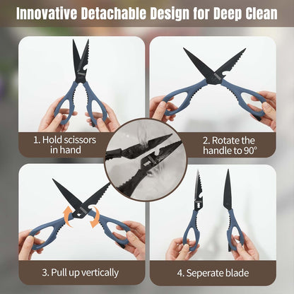 Kitchen Scissors All Purpose, Extra Sharp Kitchen Shears with Knife Sharpener & Sheath, Solid & Durable Stainless Steel Scissors with ANTI-RUST Black Titanium Plated, Dishwasher Safe - Black