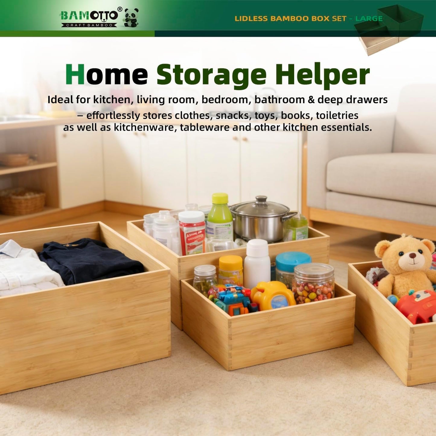 BAMOTTO CRAFTBAMBOO 2-Piece Large Bamboo Storage Box Set - 7.1in High Stackable Deep-Drawer Organizer, Lidless Bin for Kitchen Cutlery Utensils, Home & Office (14.6"x10.2"x7.1"+14.6"x10.2"x3.1")