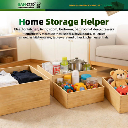 BAMOTTO CRAFTBAMBOO 2-Piece Large Bamboo Storage Box Set - 7.1in High Stackable Deep-Drawer Organizer, Lidless Bin for Kitchen Cutlery Utensils, Home & Office (14.6"x10.2"x7.1"+14.6"x10.2"x3.1")