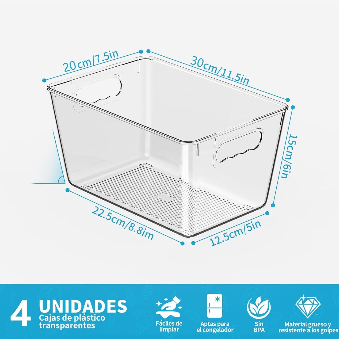 Clear Plastic Storage Bins, 4-Pack Stackable Pantry Organizers and Storage Containers for Kitchen, Fridge, Cabinet and Closet Organization - Home Essentials