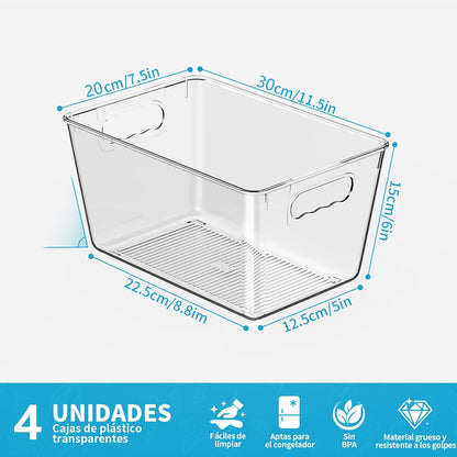 Clear Plastic Storage Bins, 4-Pack Stackable Pantry Organizers and Storage Containers for Kitchen, Fridge, Cabinet and Closet Organization - Home Essentials