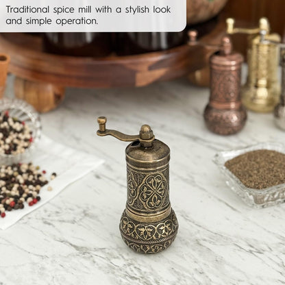 Handmade Decorative Black Pepper Grinder, Zamak Conical Burr, Refillable Turkish Spice Mill Manual Pepper Mill with Handle, Spice Grinder Metal with Hand Crank 11 cm-4.3 inch