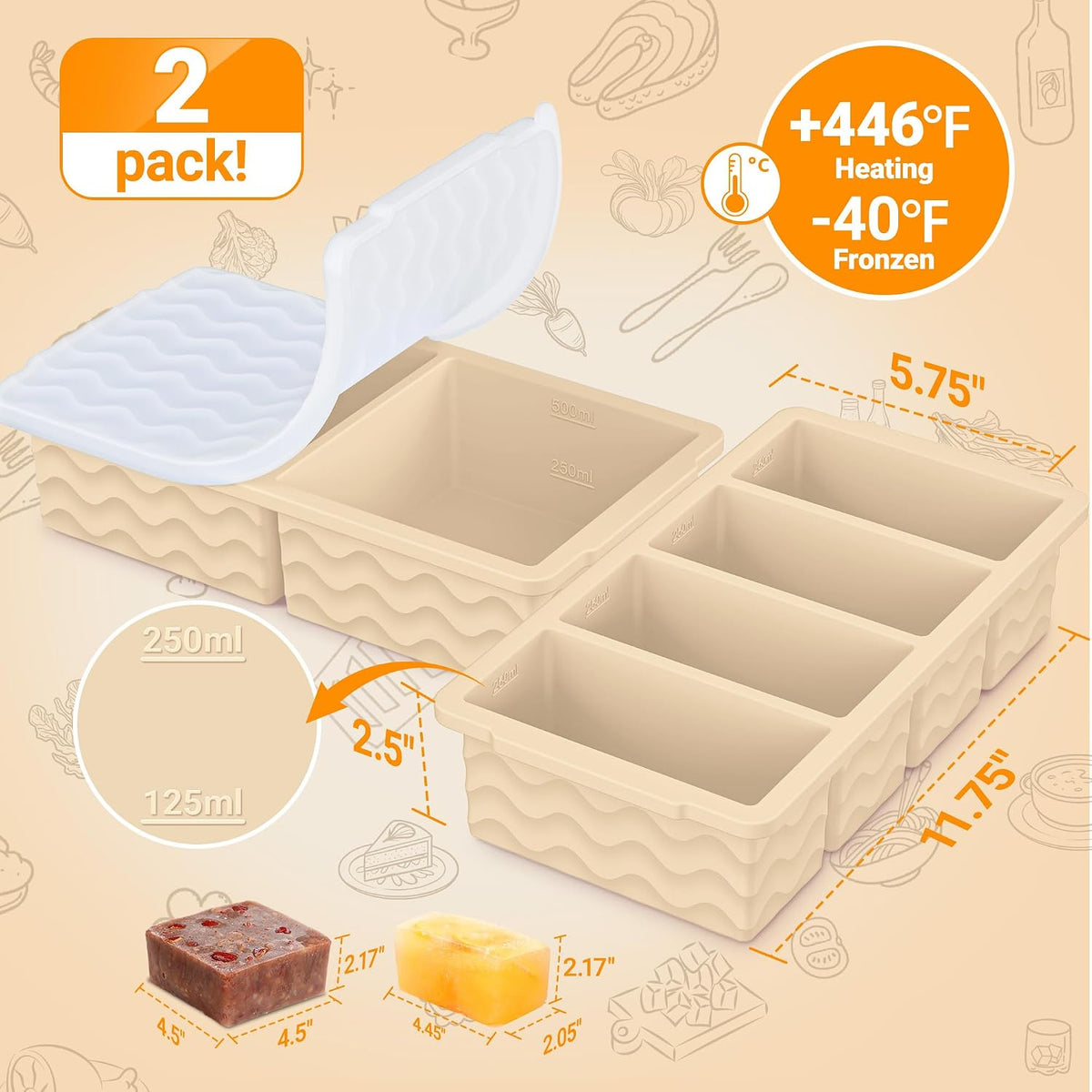 Silicone Freezer Trays with Lid for Soup, 1-Cup & 2-Cup Large Ice Cube Molds Food Storage Containers for Meal Prep, Freeze 500mL/250mL/125mL Portions – 2 Pack