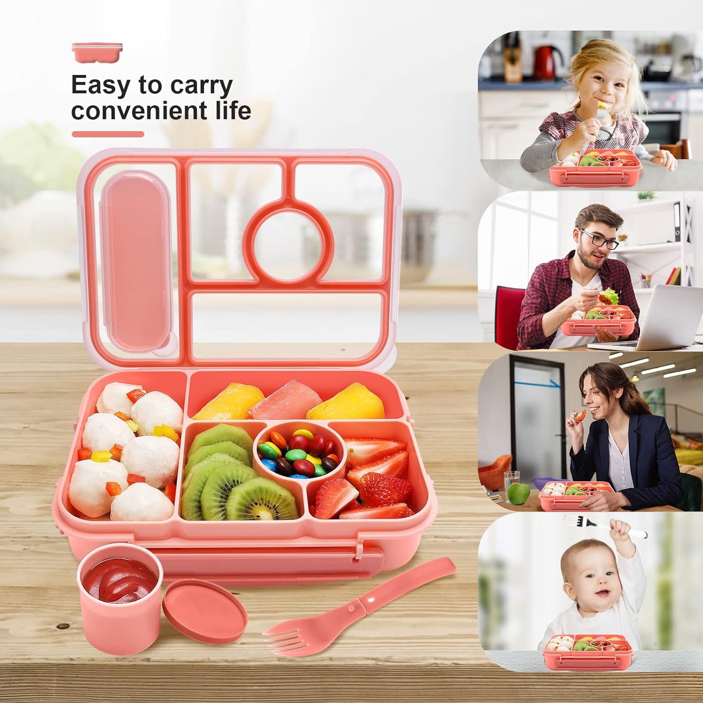 Amathley Bento Box Adult Lunch Box Kids,Lunch Containers for Adults/Kids/Toddler,5 Compartments Bento Lunch Box with Sauce Vontainers,Microwave & Dishwasher & Freezer Safe,BPA-Free (Blue)