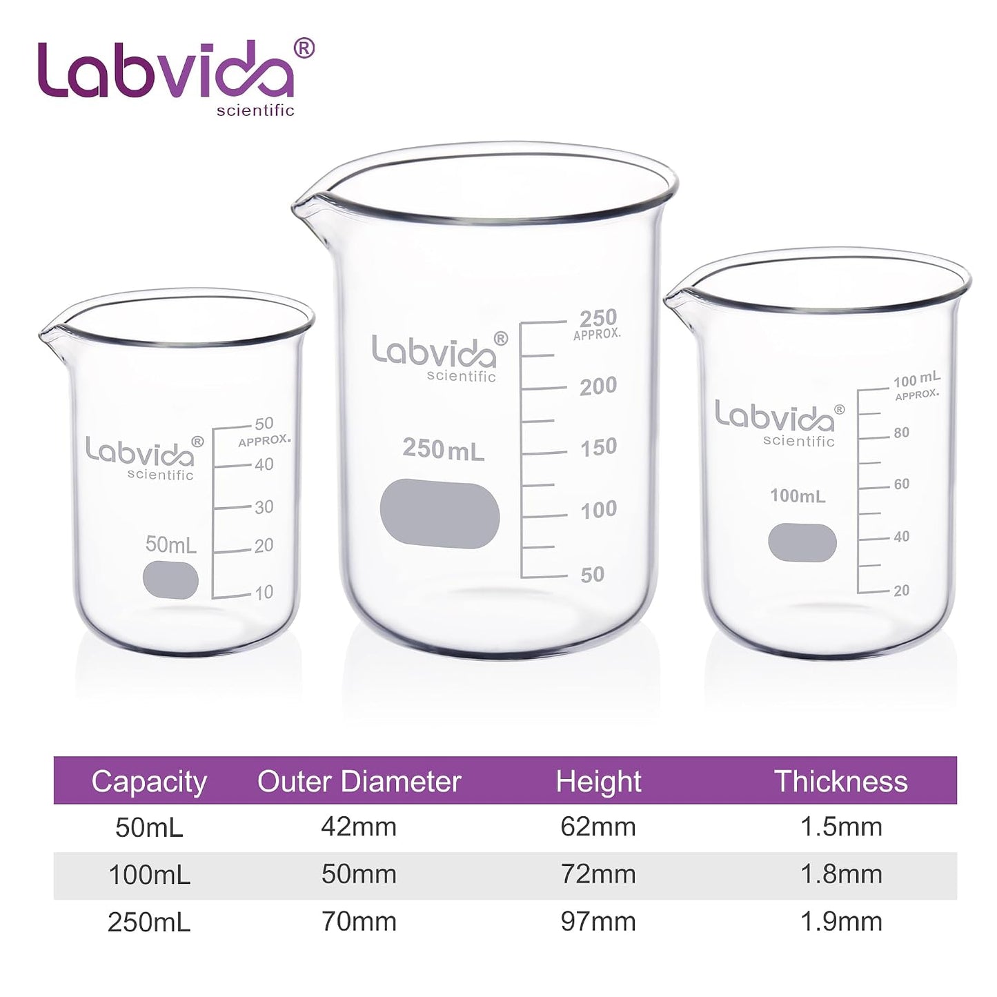 Upgrated 6 Size Low Form Glass Beaker Set, 25ml 50ml 100ml 250ml 500ml 1000ml, 3.3 Boro Glass beakers with Printed Graduation, LVA019
