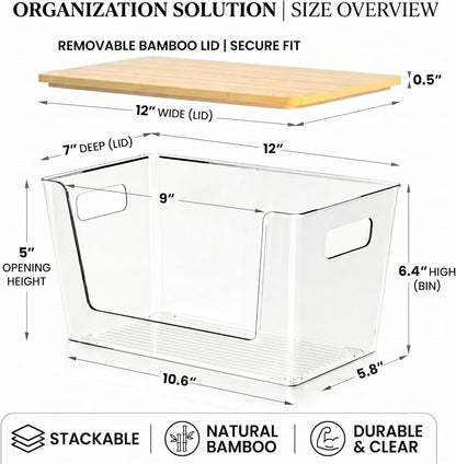 CiWiVOKi 6 Pack Clear Stackable Storage Bins with Bamboo Lids, 3.7L BPA-Free Plastic Organizer Containers with Handles, for Pantry, Kitchen, Fridge, Bathroom, Cabinet & Closet Organization