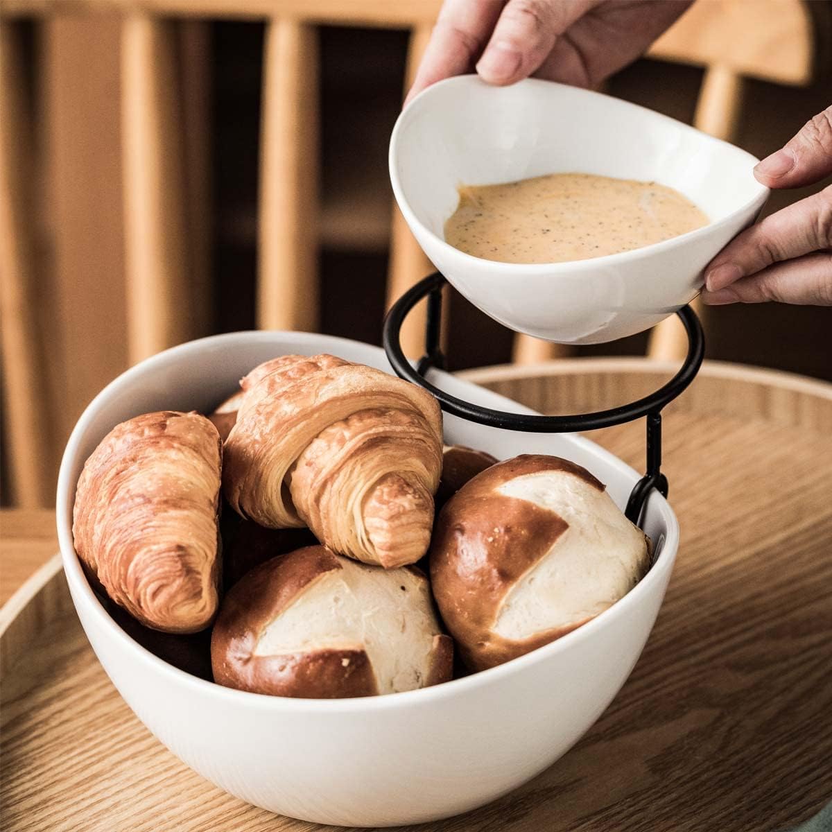 YHOSSEUN Chip and Dip Serving Set, 2 Tierd Serving Bowl Set Ceramic Chip and Dip Bowls with Stand, Serving Dishes for Entertaining Appetizer Serving Food Display Stand for Parties