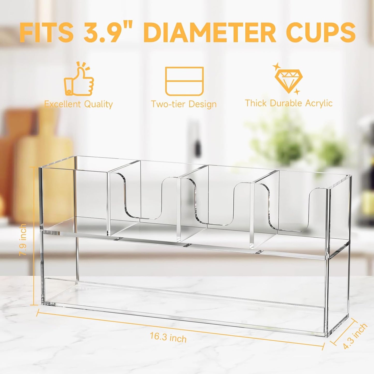 Coffee Condiment and Cup Organizer - 2-Tier Upright Cup and Lid Holder with Straw Organizer 2 Compartments Clear Acrylic Cup Dispenser for Restaurant Breakroom Coffee Station Countertop