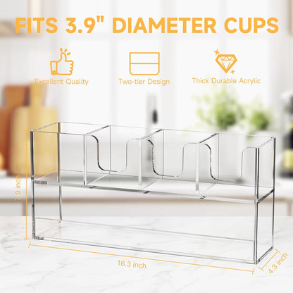 Coffee Condiment and Cup Organizer - 2-Tier Upright Cup and Lid Holder with Straw Organizer 2 Compartments Clear Acrylic Cup Dispenser for Restaurant Breakroom Coffee Station Countertop