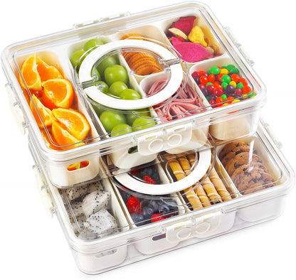 2 Pack Divided Serving Tray with Lid and Handle, 12 Compartments Snackle Box Container for Portable Snack Platters Large Clear Organizer for Picnic Snacks to Go Dishwasher Safe