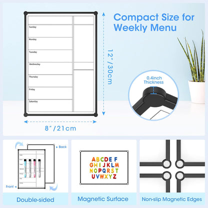 Weekly Calendar for Fridge,12×8” Magnetic Fridge Calendar Refrigerator Calendar, Weekly Meal Planner Magnetic, Menu Board, Double-Sided, Grocery List, Menu Planner for Refrigerator/Locker, 4 Markers