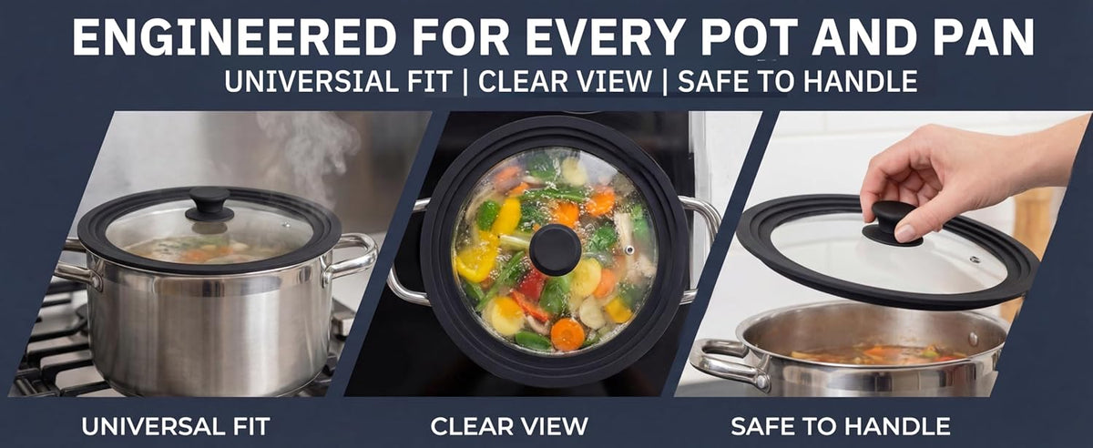 Universal Lid 6-12.5 Inch, Tempered Glass Lid with Heat Resistant Silicone Rim for Pots Pans Skillets, Dishwasher Safe Cookware Replacement Lid (11-12-12.5 inch)