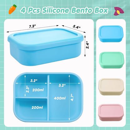 Layhit 4 Pcs Silicone Bento Box for Adults, 27 oz Bento Lunch Container Reusable 3 Compartment Lunchable Food Container for Women Men, Leak Proof Microwave Dishwasher Freezer Safe (Cool Colors)
