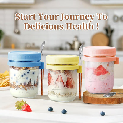 6 Pack Overnight Oats Containers with Lids and Spoons - 16 Oz Glass Mason Jars for Overnight Oats Airtight Jars Leak Proof Oatmeal Container Meal Prep Jar for Yogurt,Milk,Cereal,Fuirt,Salad