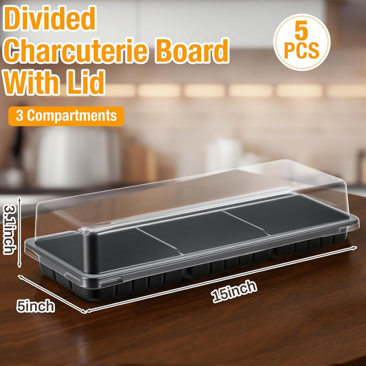 Shellwei 5 Pcs 3 Sections Rectangular Charcuterie Boards with Lid 15 x 5 in Serving Sushi Appetizer Platter Plastic Catering Divided Serving Travel Trays