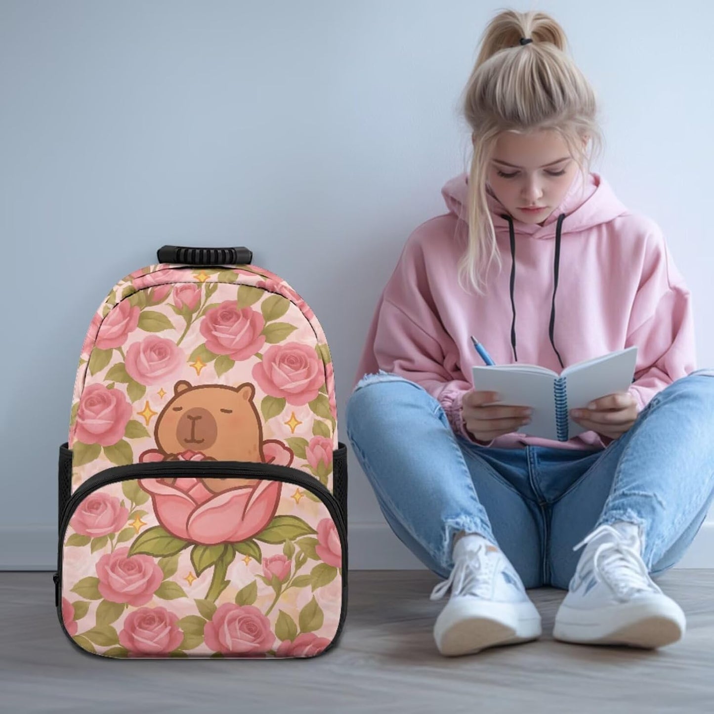 Cute Capybara Pizza Backpack for Girls, 5 Pcs Boys School Bag Set for Kids, 17 Inch Backpacks Lunch Pencil Box Reusable Utensils Case Set for Middle Elementary School, 3rd Grade Backpack