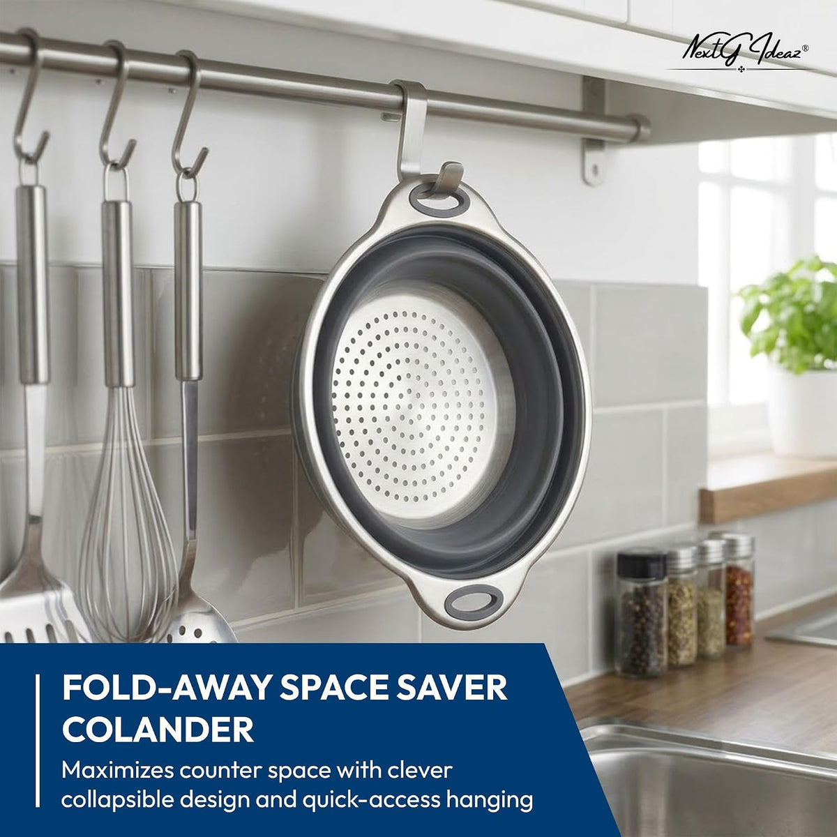 Collapsible Silicone & Steel Colander, Strainer, Large, Gray