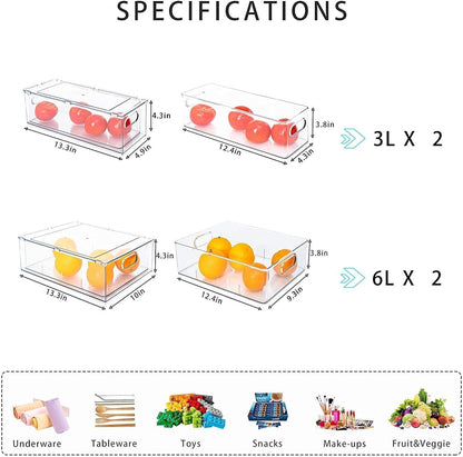 3Pack Fridge Organizer Drawer Divider Cube Pull-Out Bins Clear Food Container Refrigerator Storage box Produce Saver for Pantry Kitchen Cabinet