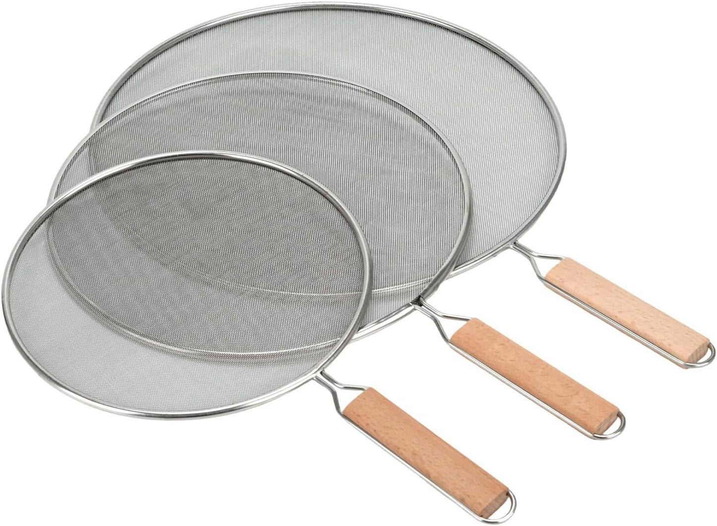 3 Pieces Grease Splatter Screen for Frying Pan, 21/25.5/29cm, with Wooden Handle