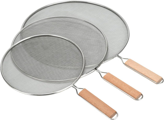 3 Pieces Grease Splatter Screen for Frying Pan, 21/25.5/29cm, with Wooden Handle