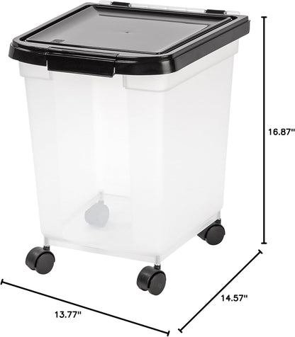 IRIS USA Airtight Dog Food Storage Container, WeatherPro, Up to 25 lbs, Removable Wheels, for Dog Cat Bird and Other Pet Food Storage Bin, Keep Fresh, Translucent Body, Made in USA, Clear/Black