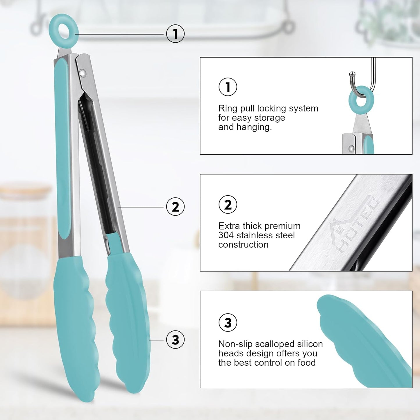 HOTEC Premium Stainless Steel Locking Kitchen Tongs with Silicon Tips, Set of 2-9" and 12"