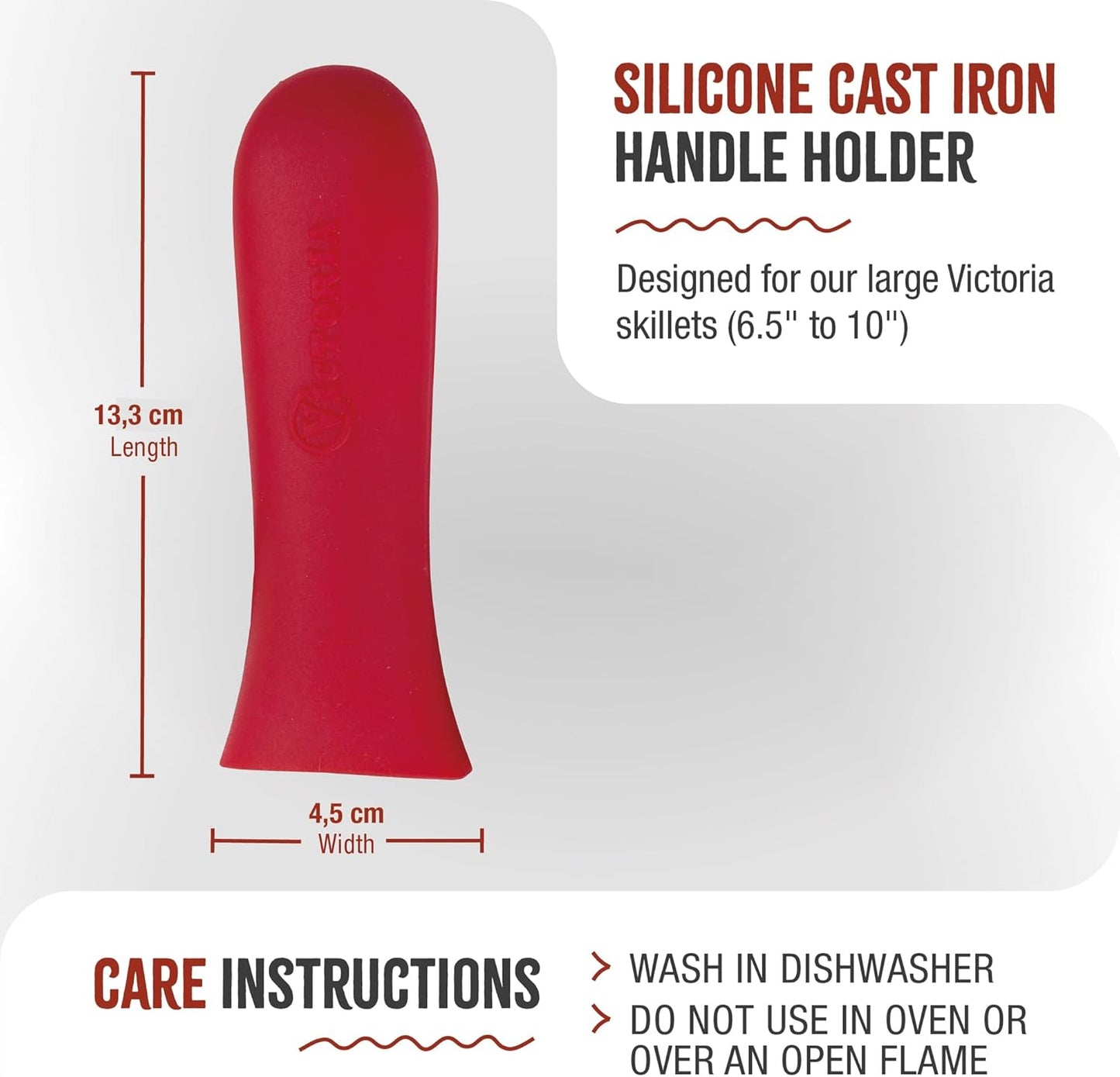 Victoria Silicone Handle Cover, Custom-Made Handle Sleeve for 10 and 12 Inch Victoria Cast Iron Skillets, Large, Red