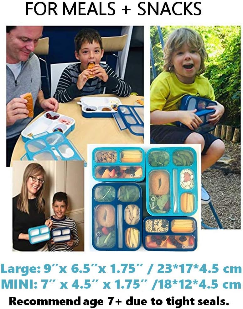 kinsho Bento Lunch-Box Set for Kids includes Snack Container | 6 and 3 Compartment Boxes Leakproof School Bentos, Meal Portion Control Containers, Boys Girls Adults, Navy Blue Large + MINI 2 Pack Set