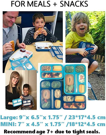 kinsho Bento Lunch-Box Set for Kids includes Snack Container | 6 and 3 Compartment Boxes Leakproof School Bentos, Meal Portion Control Containers, Boys Girls Adults, Navy Blue Large + MINI 2 Pack Set