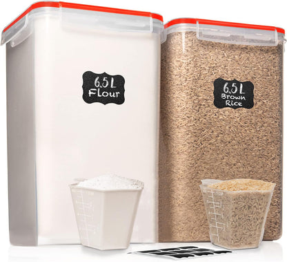 WHITE FEATHER SUPPLIES 2 PC [7 Qt / 6.5L / 220 Oz] Large Food Storage Containers with Lids Airtight - BPA Free Clear Plastic Kitchen and Pantry Storage Containers for Cereal, Flour, Sugar, Rice