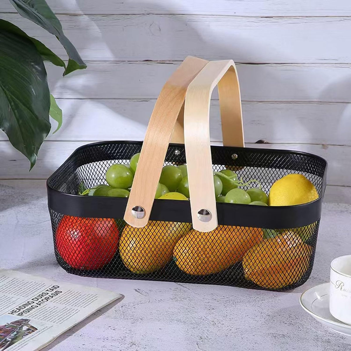 AJIODA Metal Mesh Steel Basket, Storage Organizer Basket Garden Harvest Basket Multi-functional Kitchen Fruit Baskets Bin with Wooden Handle for Bathroom Picnic Shopping Decor Cabinet Home, Pink