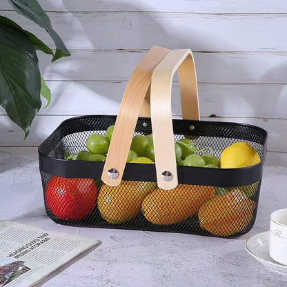 AJIODA Metal Mesh Steel Basket, Storage Organizer Basket Garden Harvest Basket Multi-functional Kitchen Fruit Baskets Bin with Wooden Handle for Bathroom Picnic Shopping Decor Cabinet Home, Pink