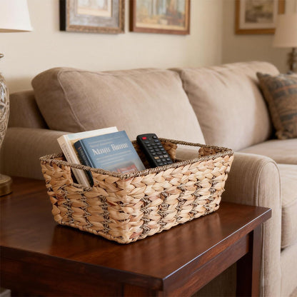 Water Hyacinth storage basket with Handle Shelf Organizing Storage Baskets Hand-woven Rattan Baskets Pantry Bin Organizers for Shelves, Living Room,Decor(Middle)