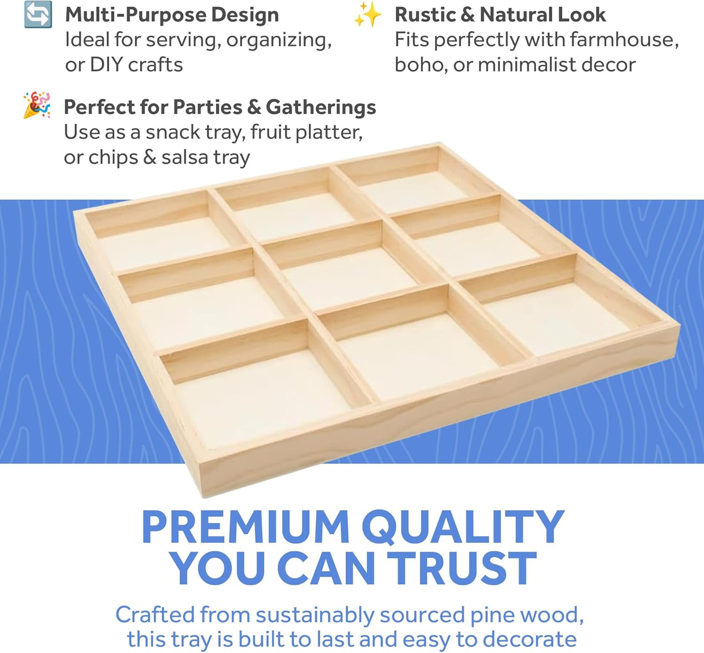 DIY Rectangle Wooden Divided Serving Tray 12 x 8-inch, Pack of 1 6-Section Candy Tray for Vegetable & Fruit Party Platters, by Woodpeckers