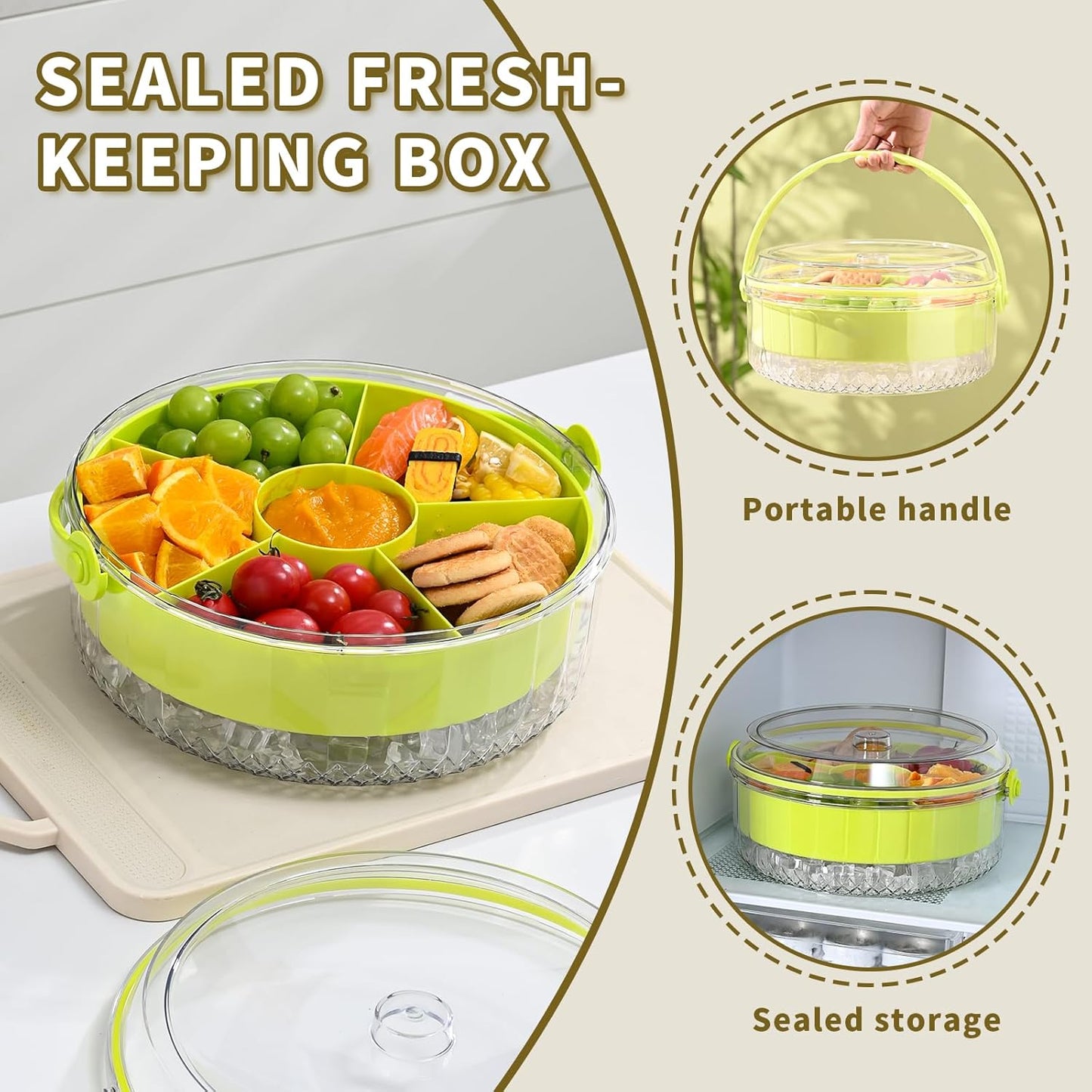 Fruit Ice Divided Serving Tray with Lid and handle,Chilled Veggie Tray,Shrimp Cocktail Serving Dish,Ideal Cold Chilled Serving Platter for Parties,Vegetables,Appetizer,Salads,Picnic,Appetizers,Travel