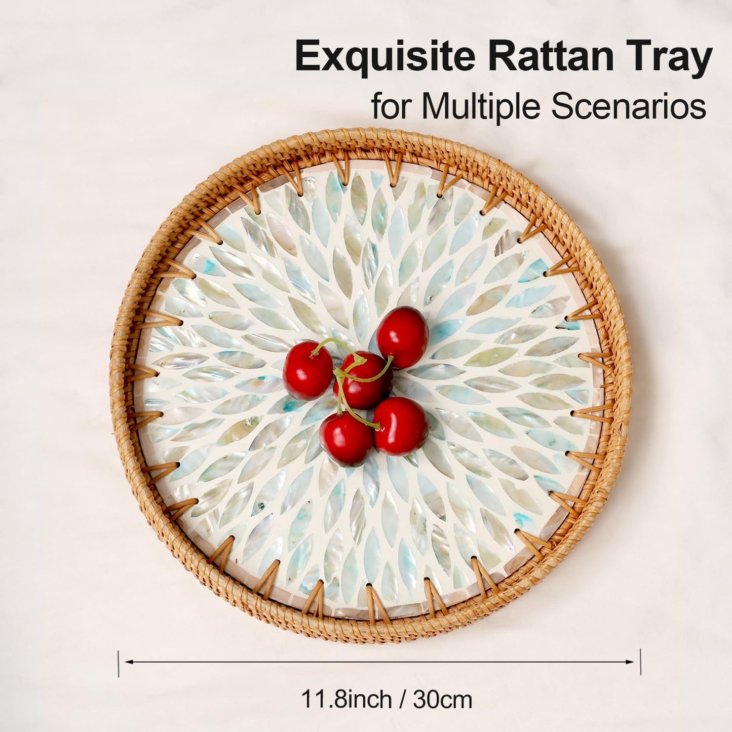 Round Rattan Tray with Mother of Pearl Inlay, Rattan Serving Tray for Coffee, Bread, Fruits, Decorative Wicker Tray for Table Decor, Home Decor, Kitchen Island Decor(Black Checkerboard, 11.8")