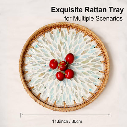 Round Rattan Tray with Mother of Pearl Inlay, Rattan Serving Tray for Coffee, Bread, Fruits, Decorative Wicker Tray for Table Decor, Home Decor, Kitchen Island Decor(Black Checkerboard, 11.8")