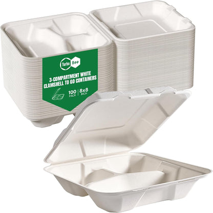Turbo Bee 100 Pack 8x8inch White 3 Compartment Take Out Containers with Lids, Disposable Clamshell Meal Prep Containers, Divided Lunch Boxes for Catering, Restaurant & Meal Prep