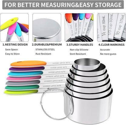 TILUCK Nesting Measuring Cups and Spoons Set, Stainless Steel with Soft Silicone Handle – Heavy Duty & Dishwasher Safe for Measuring Dry/Liquid Ingredients, Ideal for Cooking & Baking (10)