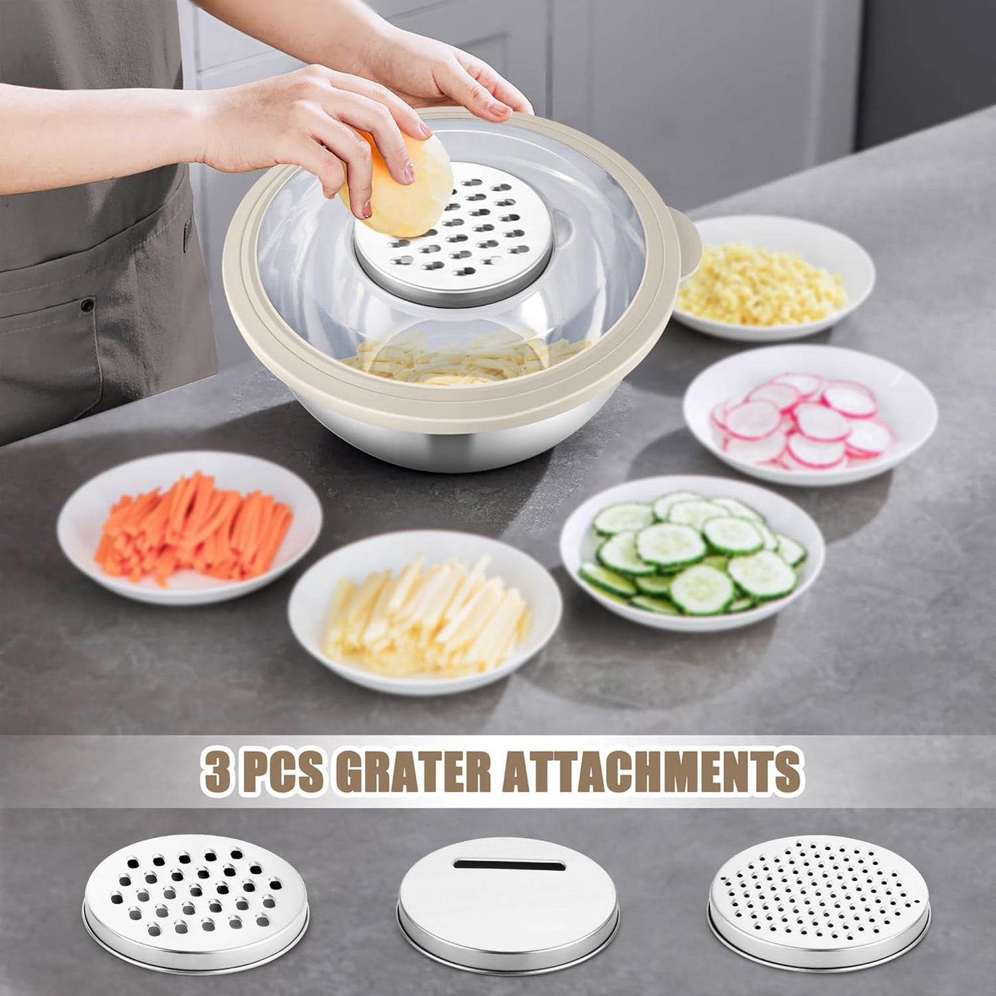 HaWare Mixing Bowl with Colander, 4-1 Stainless Steel Bowl Set with Lids & 3 Pcs Nesting Graters, Rotatable Food Strainer for Rinsing Fruits Vegetables, Non-Slip Bottom, Black
