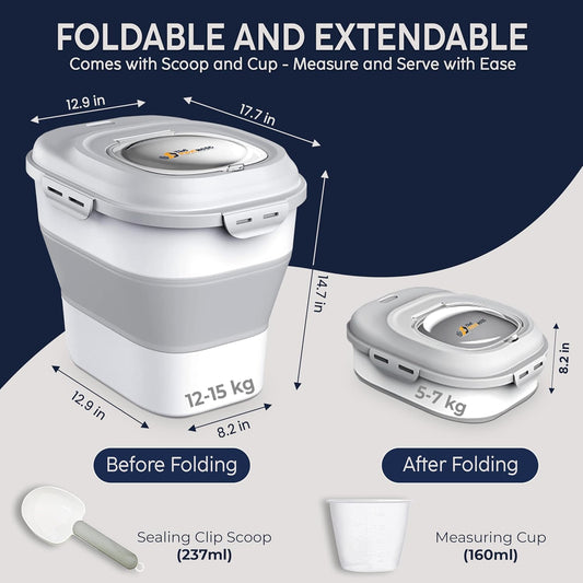 Dog Food Storage Container 30-35 lb, Airtight Collapsible Cute Dog Food Container with Wheels & Scoop, Stackable Pet Food Storage Container for Dog & Cat Food