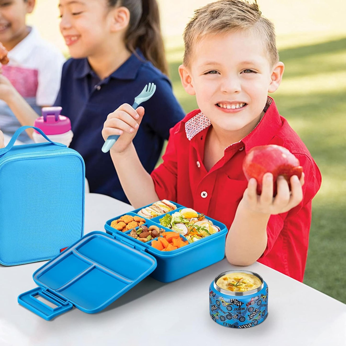 JXXM Bento Lunch Box for Kids With 8oz Soup thermo,Leak-proof Lunch Containers with 5 Compartment,thermo Food Jar and Lunch Bag, Food Containers for School (A-Blue(Extreme Locomotive))