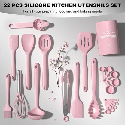 Umite Chef 22-Piece Silicone Cooking Utensils Set，Heat Resistant & Dishwasher Safe Kitchen Tools, Black Non-Scratch Spatula Set for Nonstick Cookware (Khaki)