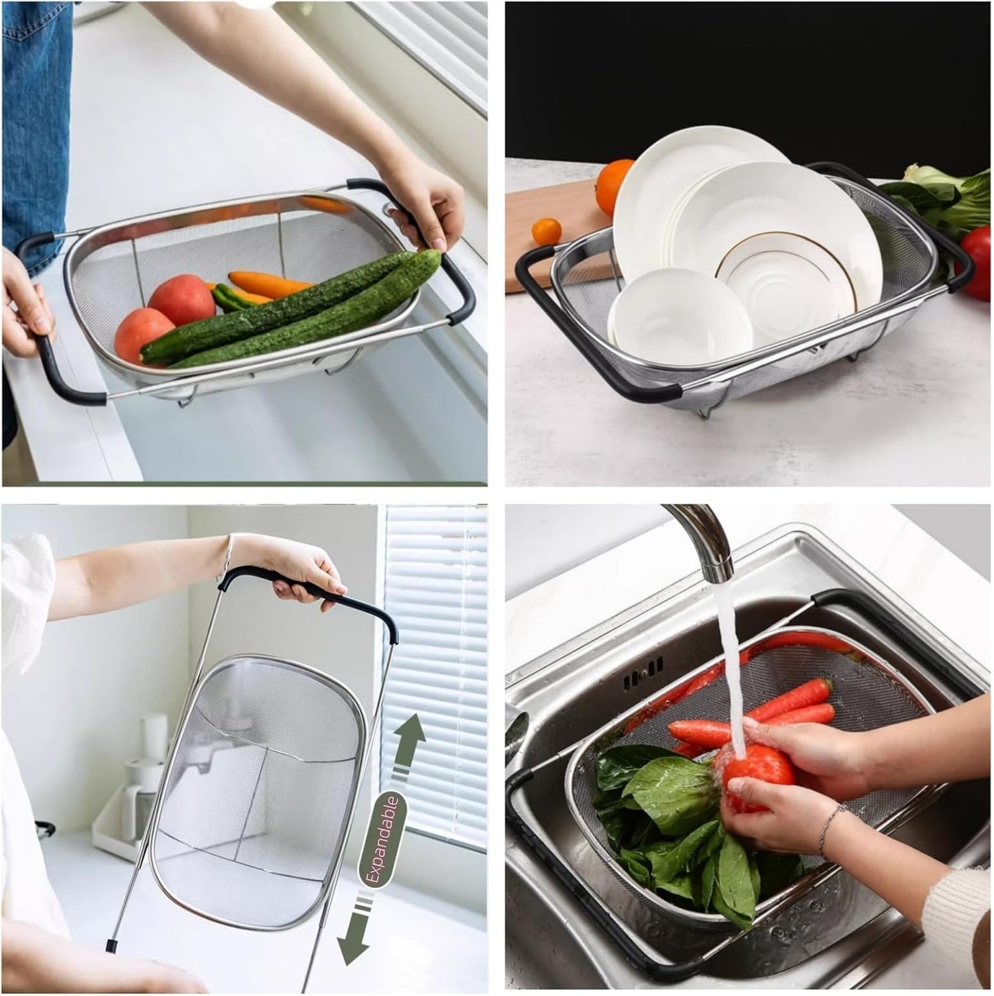 Expandable Strainer Over The Sink Basket, Stainless Steel Colander with Fine Mesh, 4-6Quart Strainer Basket with Rubber Grip Handle for Kitchen, Drain, Rinse Veegetables, Fruits (silver, 6QT)