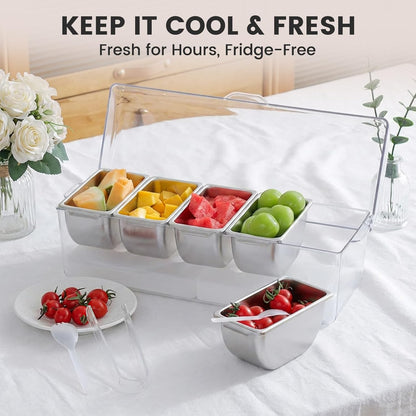 Chilled Condiment Caddy with 5 Stainless Steel Compartments – Condiment Containers with Lids, Serving Tray for Party, Bar, Salad, Taco & Fruit Garnish, Includes 2 Ice Packs, 5 Forks and 2 Tongs